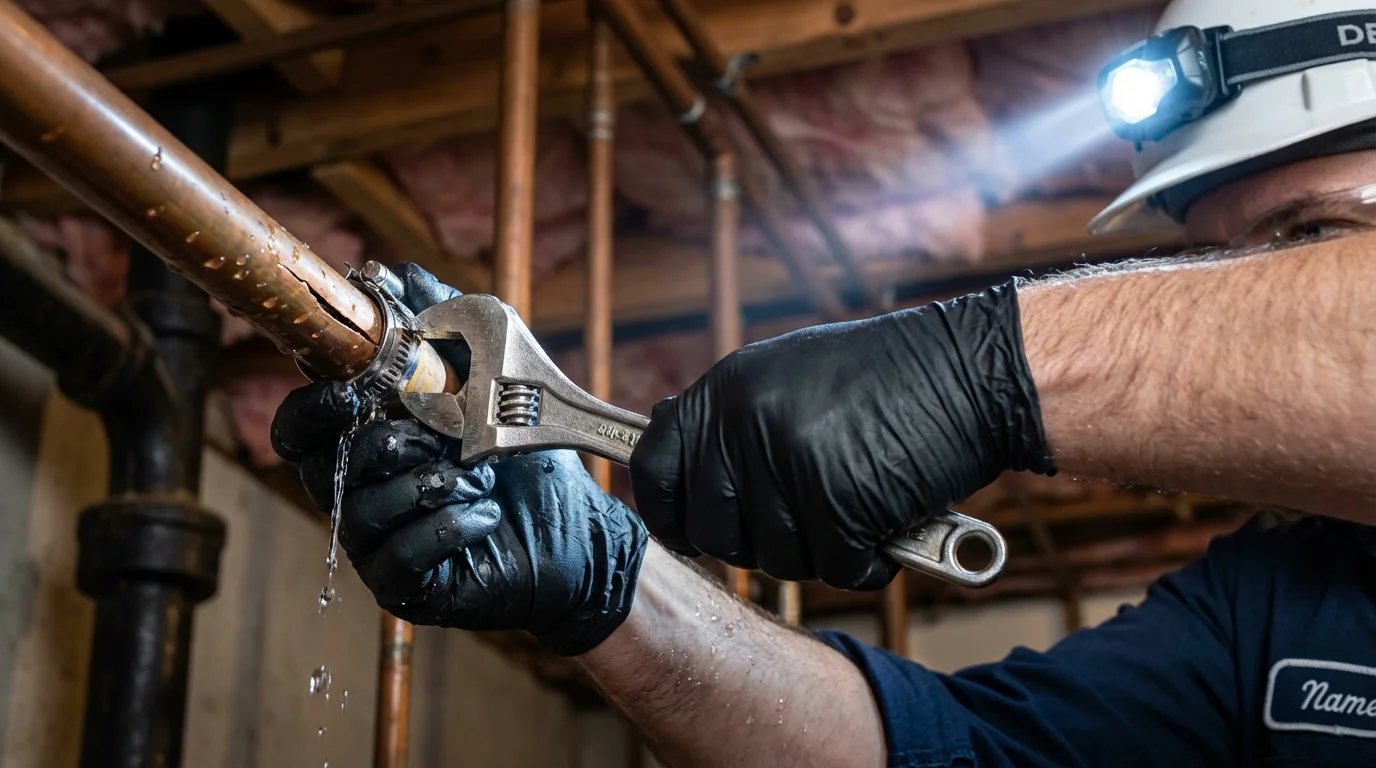 Emergency pipe clamp repair being performed by a Johns Plumbing LLC plumber in Dyer
