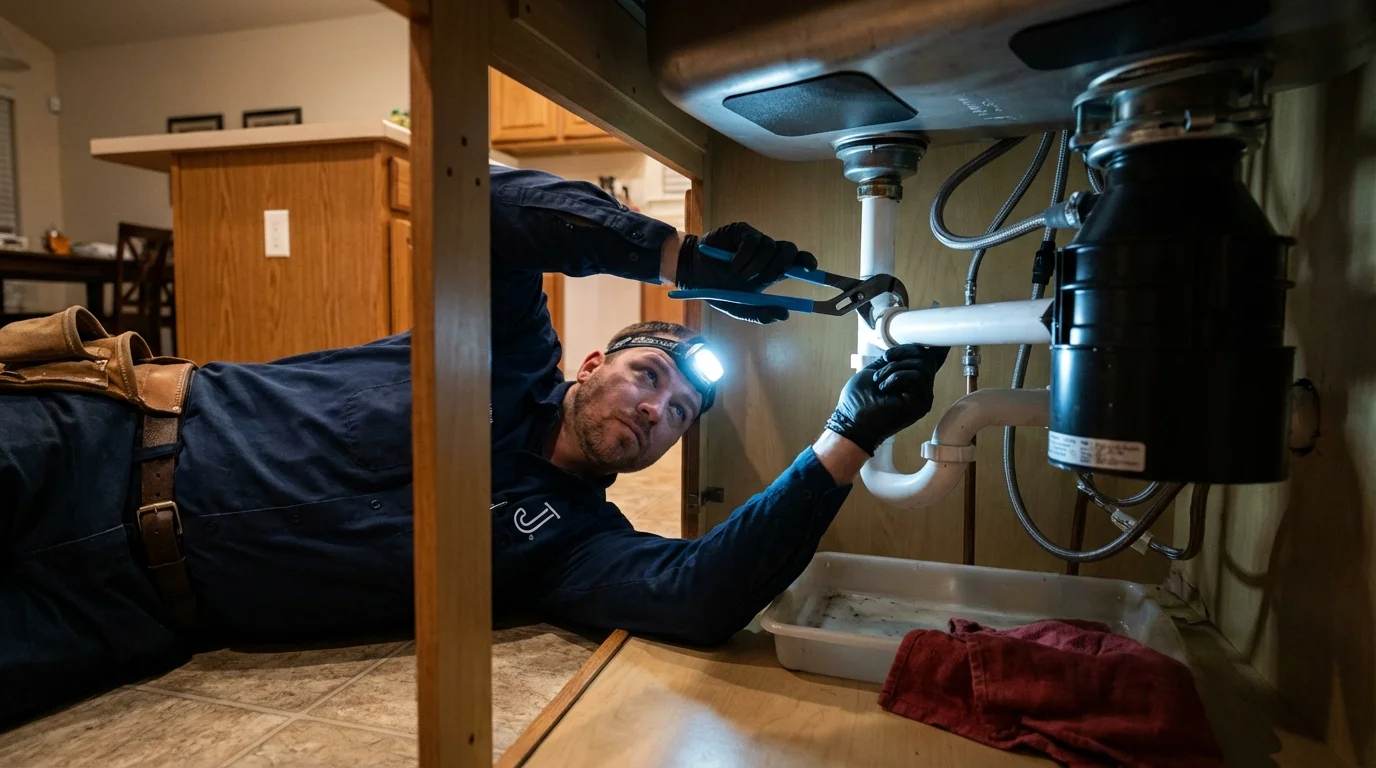 P-trap and supply line connections under a kitchen sink showing a common leak point in Dyer, TN